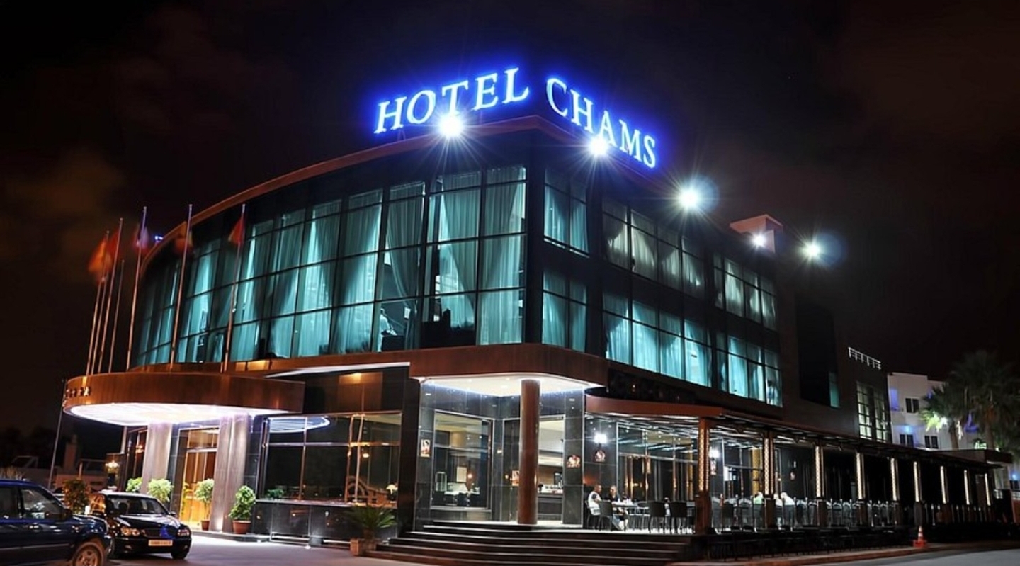 Night-time façade of Hotel Chams in Tetouan